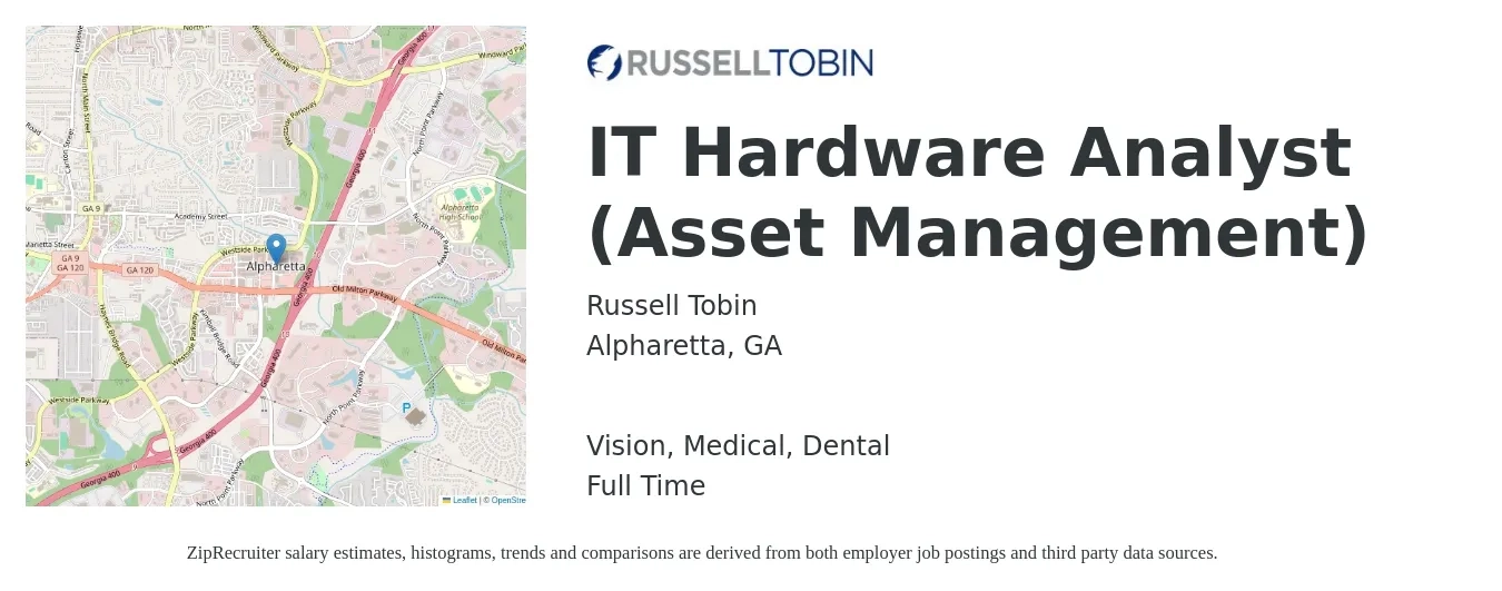 Russell Tobin job posting for a IT Hardware Analyst (Asset Management) in Alpharetta, GA with a salary of $40 to $57 Hourly and benefits including dental, life_insurance, medical, retirement, and vision with a map of Alpharetta location.