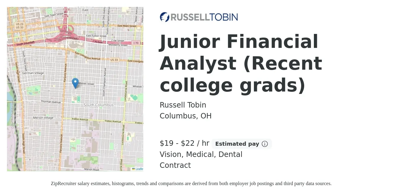 Russell Tobin job posting for a Junior Financial Analyst (Recent college grads) in Columbus, OH with a salary of $20 to $23 Hourly and benefits including dental, life_insurance, medical, pto, and vision with a map of Columbus location.