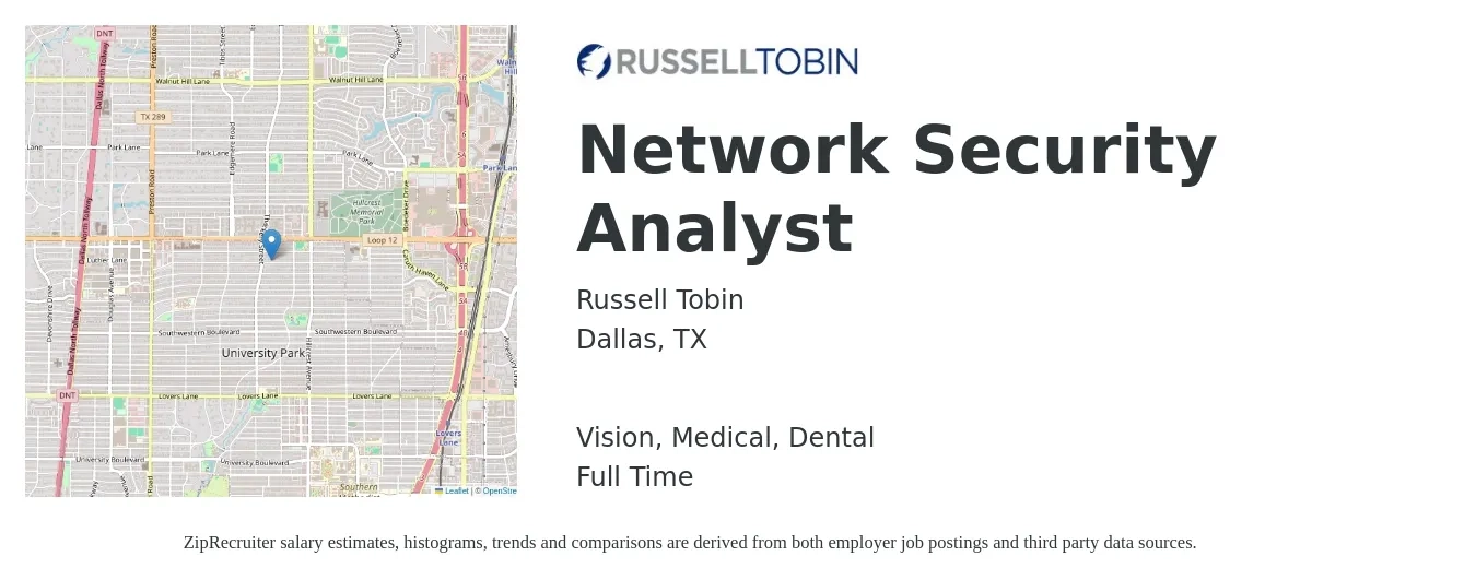 Russell Tobin job posting for a Network Security Analyst in Dallas, TX with a salary of $60 to $70 Hourly and benefits including retirement, vision, dental, life_insurance, and medical with a map of Dallas location.