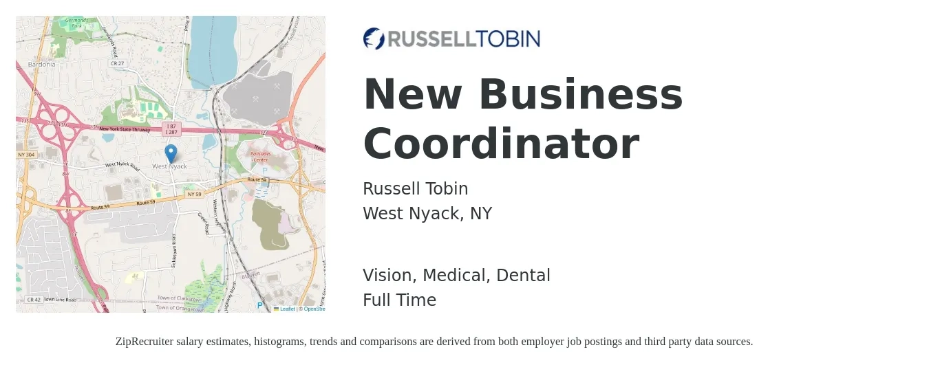 Russell Tobin job posting for a New Business Coordinator in West Nyack, NY with a salary of $42,400 to $64,900 Yearly and benefits including life_insurance, medical, retirement, vision, and dental with a map of West Nyack location.
