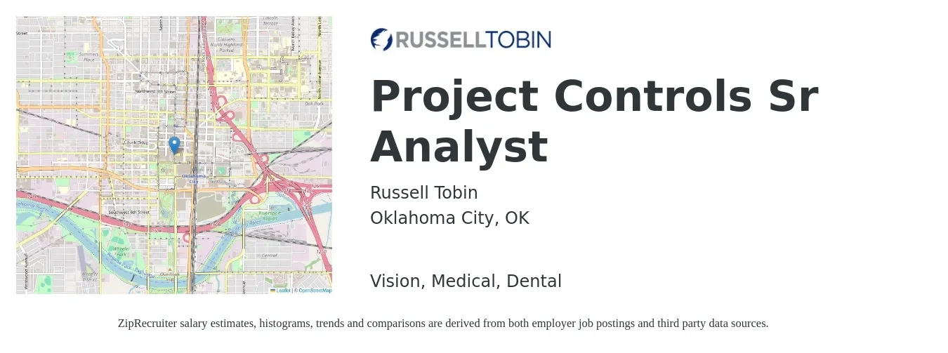 Russell Tobin job posting for a Project Controls Sr Analyst in Oklahoma City, OK with a salary of $55 to $63 Hourly and benefits including dental, life_insurance, medical, retirement, and vision with a map of Oklahoma City location.