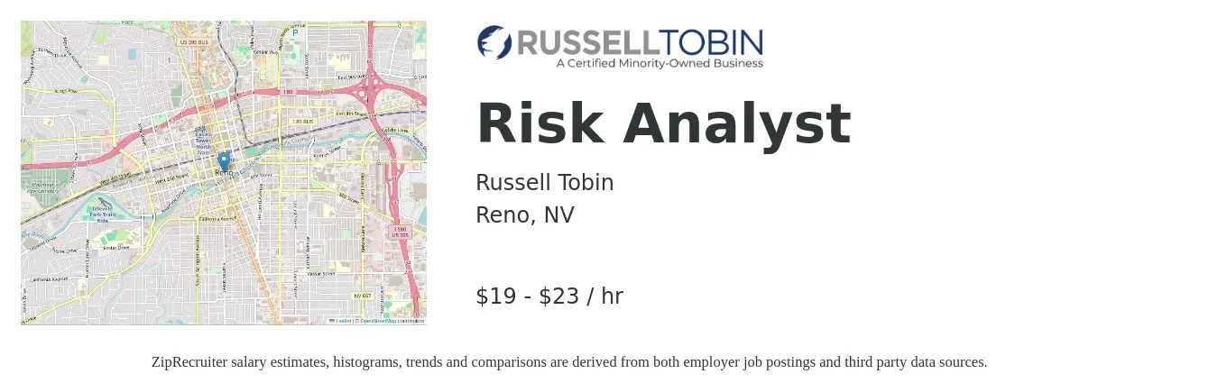 Russell Tobin job posting for a Risk Analyst in Reno, NV with a salary of $20 to $24 Hourly with a map of Reno location.
