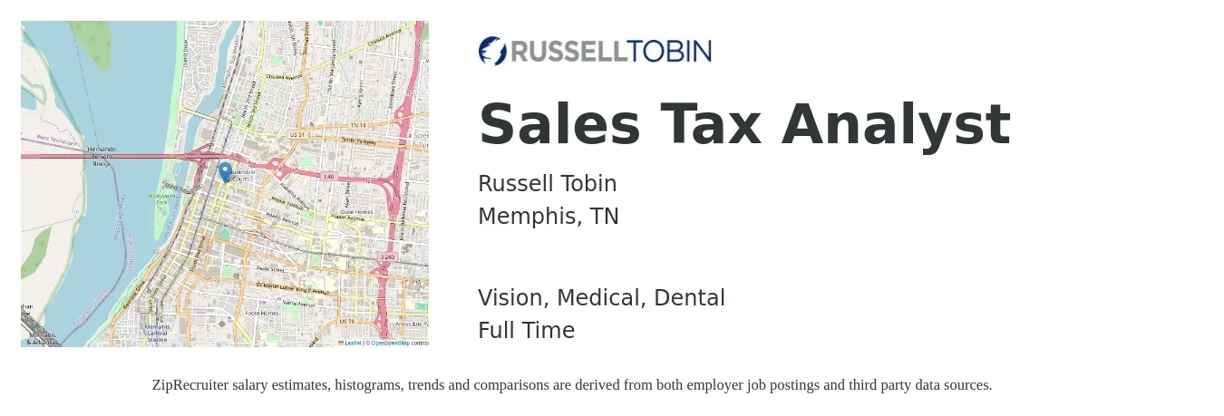 Russell Tobin job posting for a Sales Tax Analyst in Memphis, TN with a salary of $35 to $39 Hourly and benefits including life_insurance, medical, retirement, vision, and dental with a map of Memphis location.