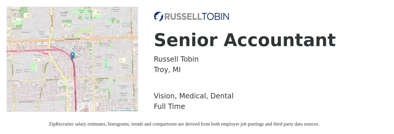 Russell Tobin job posting for a Senior Accountant in Troy, MI with a salary of $40 to $44 Hourly and benefits including dental, life_insurance, medical, retirement, and vision with a map of Troy location.