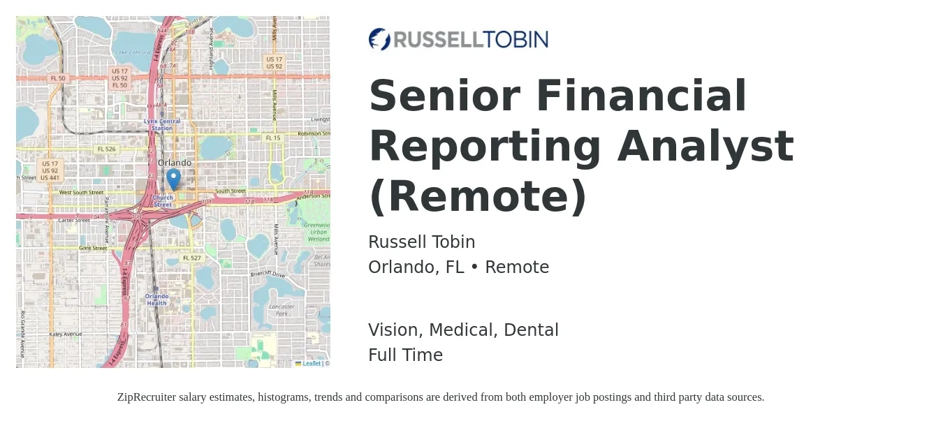 Russell Tobin job posting for a Senior Financial Reporting Analyst (Remote) in Orlando, FL with a salary of $45 to $50 Hourly and benefits including dental, life_insurance, medical, retirement, and vision with a map of Orlando location.