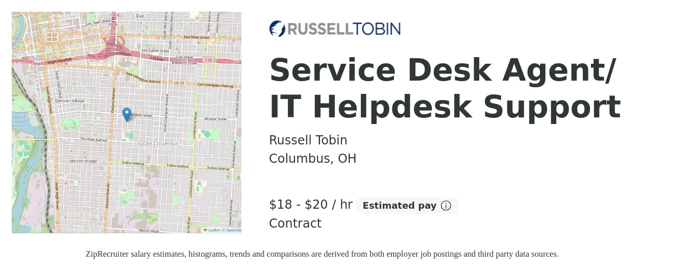 Russell Tobin job posting for a Service Desk Agent/ IT Helpdesk Support in Columbus, OH with a salary of $19 to $21 Hourly with a map of Columbus location.