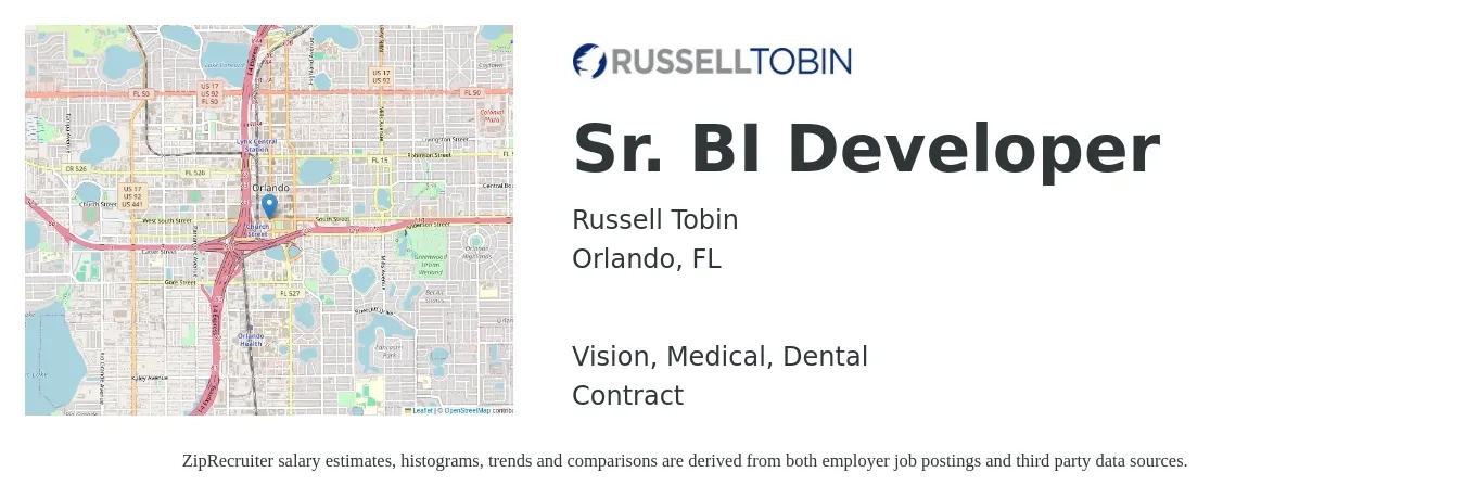 Russell Tobin job posting for a Sr. BI Developer in Orlando, FL with a salary of $65 to $75 Hourly and benefits including vision, dental, life_insurance, medical, and retirement with a map of Orlando location.
