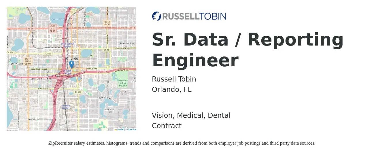 Russell Tobin job posting for a Sr. Data / Reporting Engineer in Orlando, FL with a salary of $70 to $81 Hourly and benefits including retirement, vision, dental, life_insurance, and medical with a map of Orlando location.