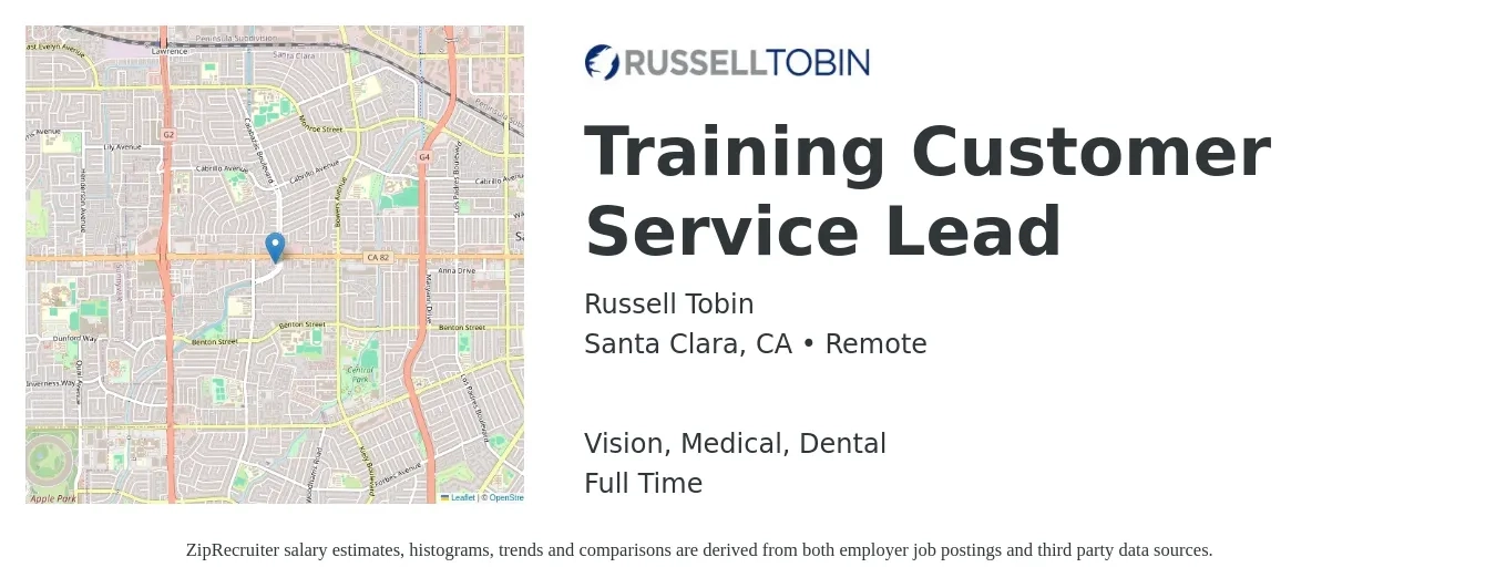 Russell Tobin job posting for a Training Customer Service Lead in Santa Clara, CA with a salary of $63 to $83 Hourly and benefits including retirement, vision, dental, life_insurance, and medical with a map of Santa Clara location.