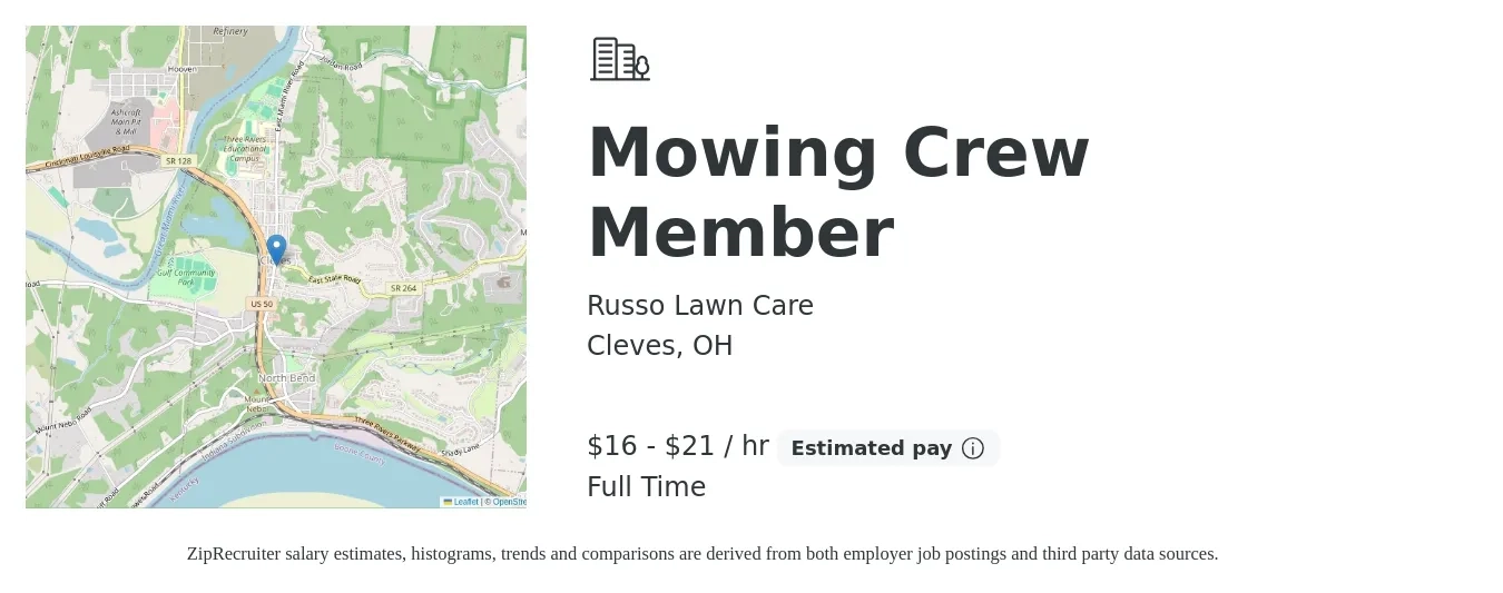 Russo Lawn Care job posting for a Mowing Crew Member in Cleves, OH with a salary of $17 to $22 Hourly with a map of Cleves location.