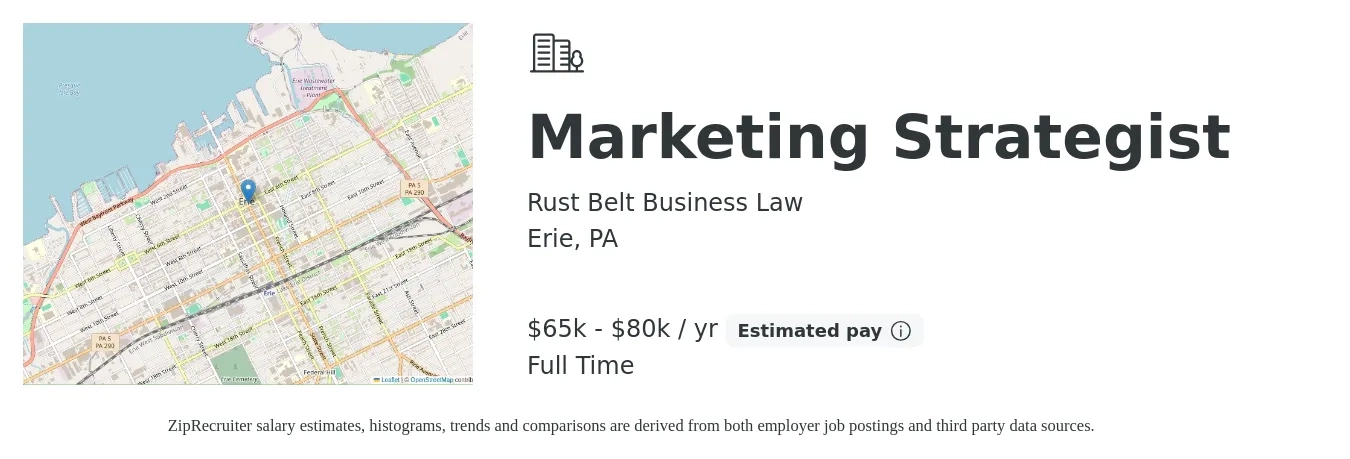 Rust Belt Business Law job posting for a Marketing Strategist in Erie, PA with a salary of $65,000 to $80,000 Yearly with a map of Erie location.