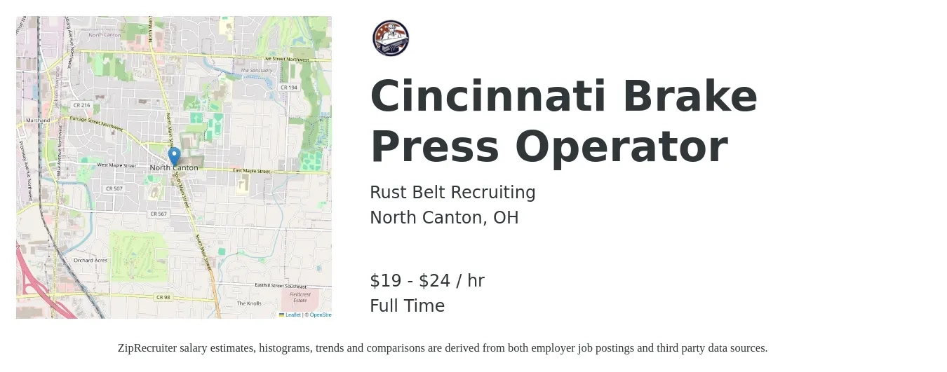 Rust Belt Recruiting job posting for a Cincinnati Brake Press Operator in North Canton, OH with a salary of $20 to $25 Hourly with a map of North Canton location.