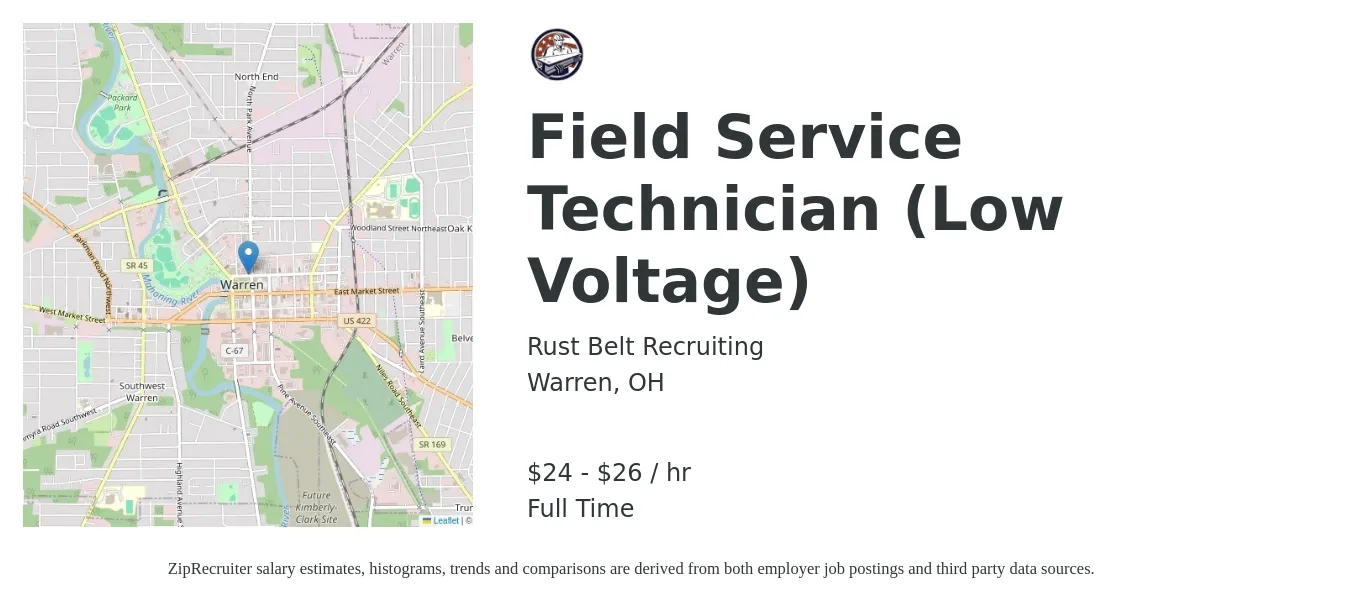 Rust Belt Recruiting job posting for a Field Service Technician (Low Voltage) in Warren, OH with a salary of $25 to $28 Hourly with a map of Warren location.