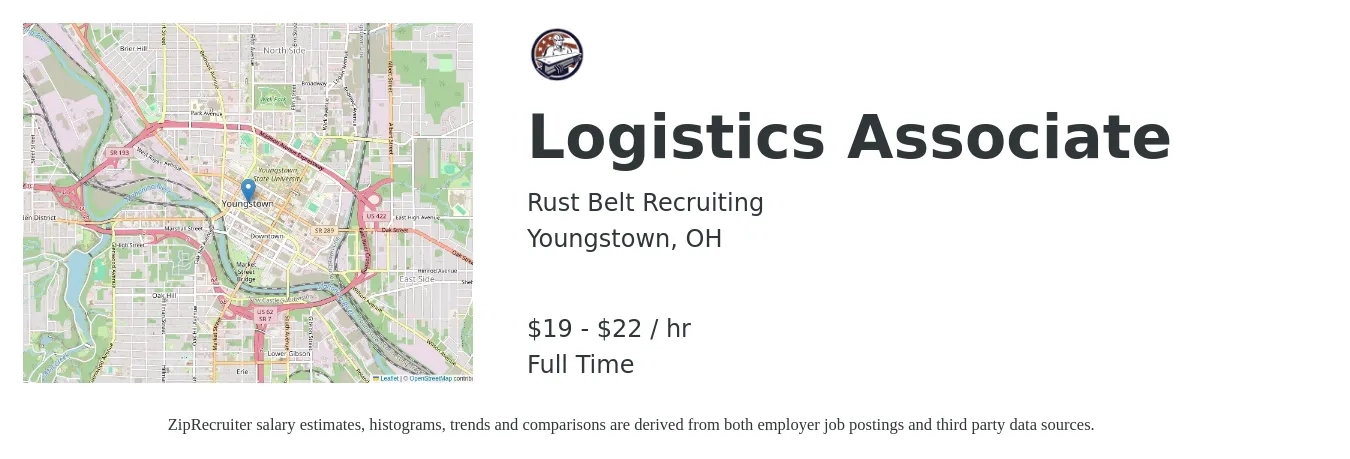 Rust Belt Recruiting job posting for a Logistics Associate in Youngstown, OH with a salary of $20 to $23 Hourly with a map of Youngstown location.