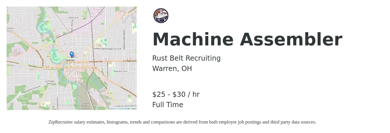 Rust Belt Recruiting job posting for a Machine Assembler in Warren, OH with a salary of $27 to $32 Hourly with a map of Warren location.