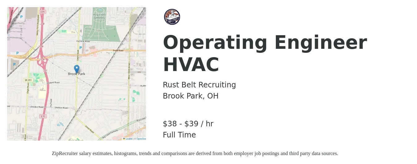 Rust Belt Recruiting job posting for a Operating Engineer HVAC in Brook Park, OH with a salary of $40 to $41 Hourly with a map of Brook Park location.