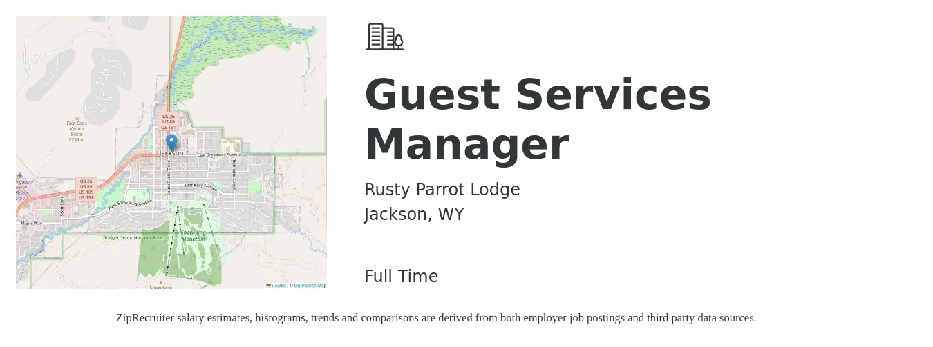 Rusty Parrot Lodge job posting for a Guest Services Manager in Jackson, WY with a salary of $19 to $27 Hourly with a map of Jackson location.