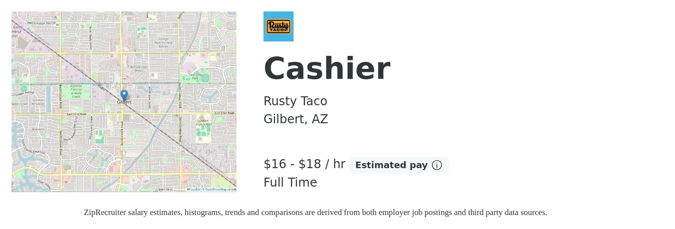 Rusty Taco job posting for a Cashier in Gilbert, AZ with a salary of $17 to $19 Hourly with a map of Gilbert location.