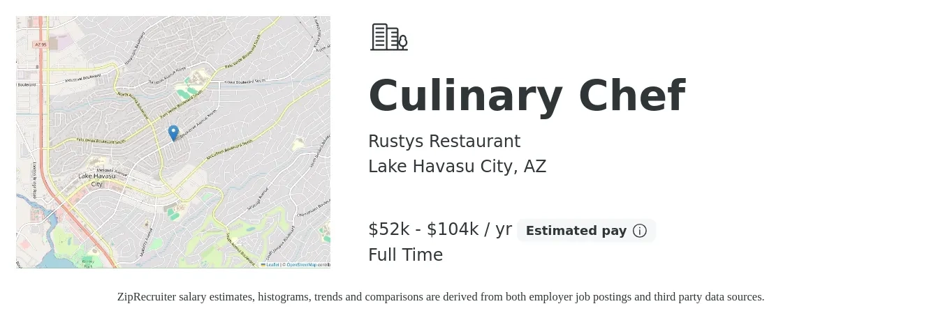 Rustys Restaurant job posting for a Culinary Chef in Lake Havasu City, AZ with a salary of $52,000 to $104,000 Yearly and benefits including pto with a map of Lake Havasu City location.
