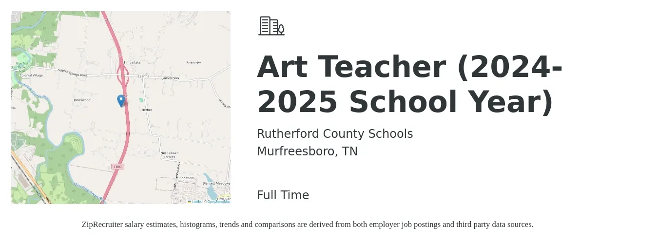 Rutherford County Schools job posting for a Art Teacher (2024-2025 School Year) in Murfreesboro, TN with a salary of $42,800 to $54,500 Yearly with a map of Murfreesboro location.