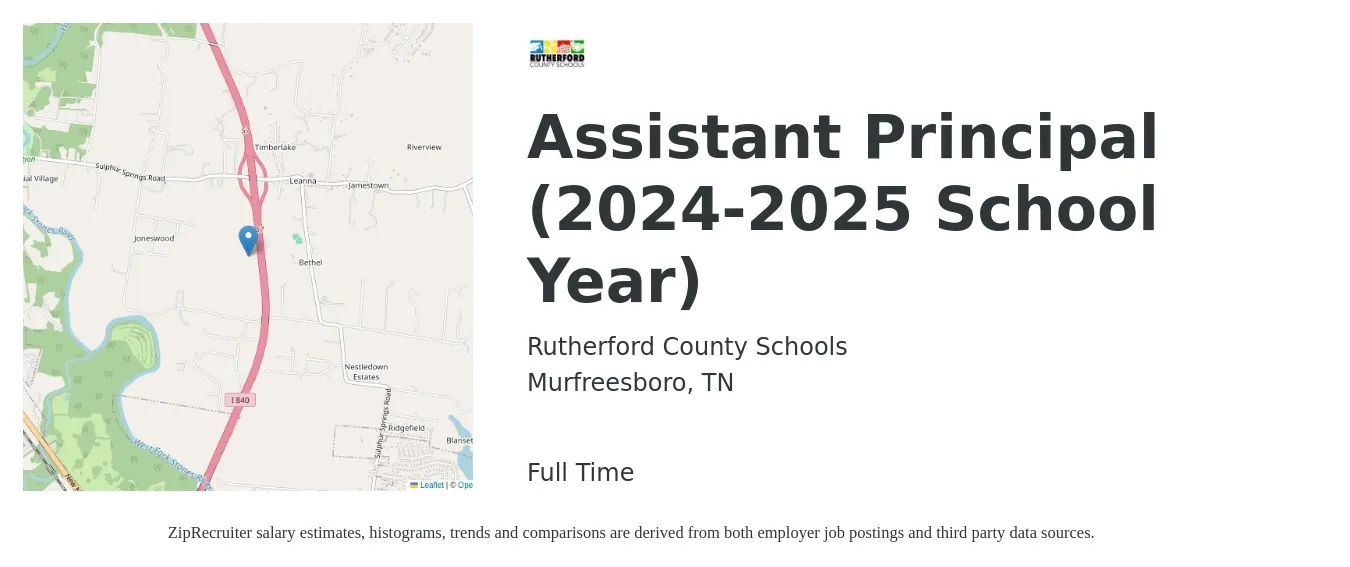 Rutherford County Schools job posting for a Assistant Principal (2024-2025 School Year) in Murfreesboro, TN with a salary of $63,800 to $91,100 Yearly with a map of Murfreesboro location.