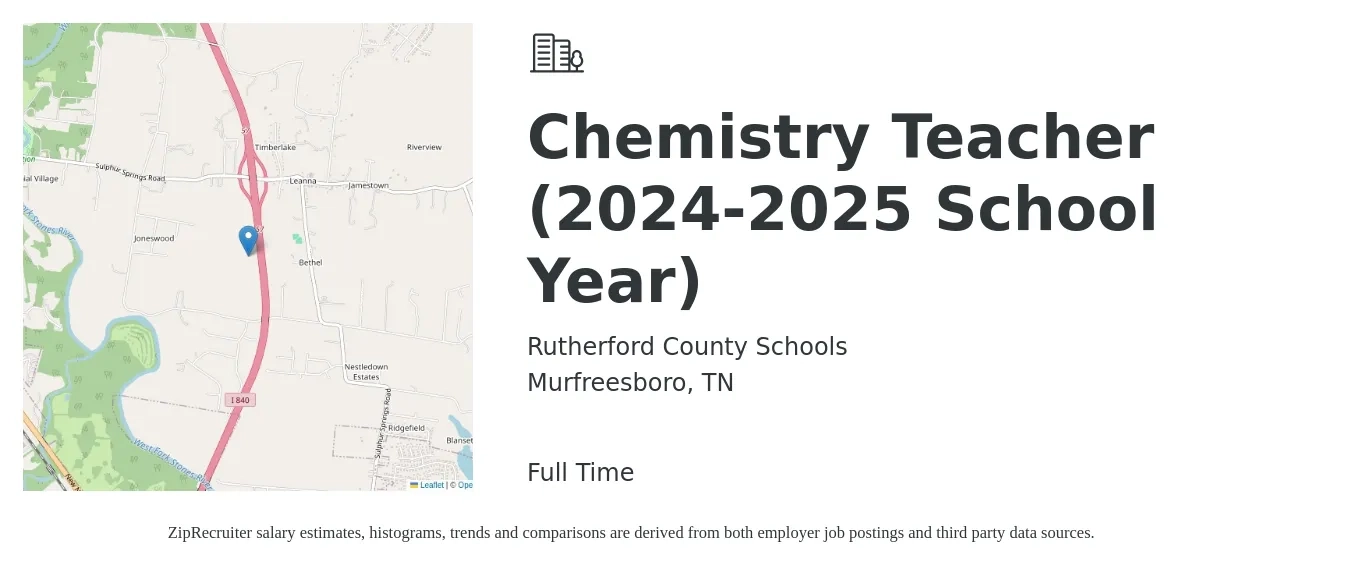 Rutherford County Schools job posting for a Chemistry Teacher (2024-2025 School Year) in Murfreesboro, TN with a salary of $43,000 to $58,500 Yearly with a map of Murfreesboro location.