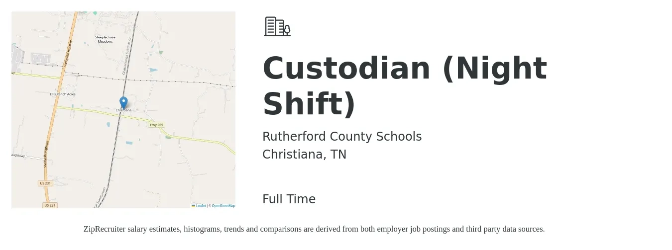 Rutherford County Schools job posting for a Custodian (Night Shift) in Christiana, TN with a salary of $14 to $18 Hourly with a map of Christiana location.