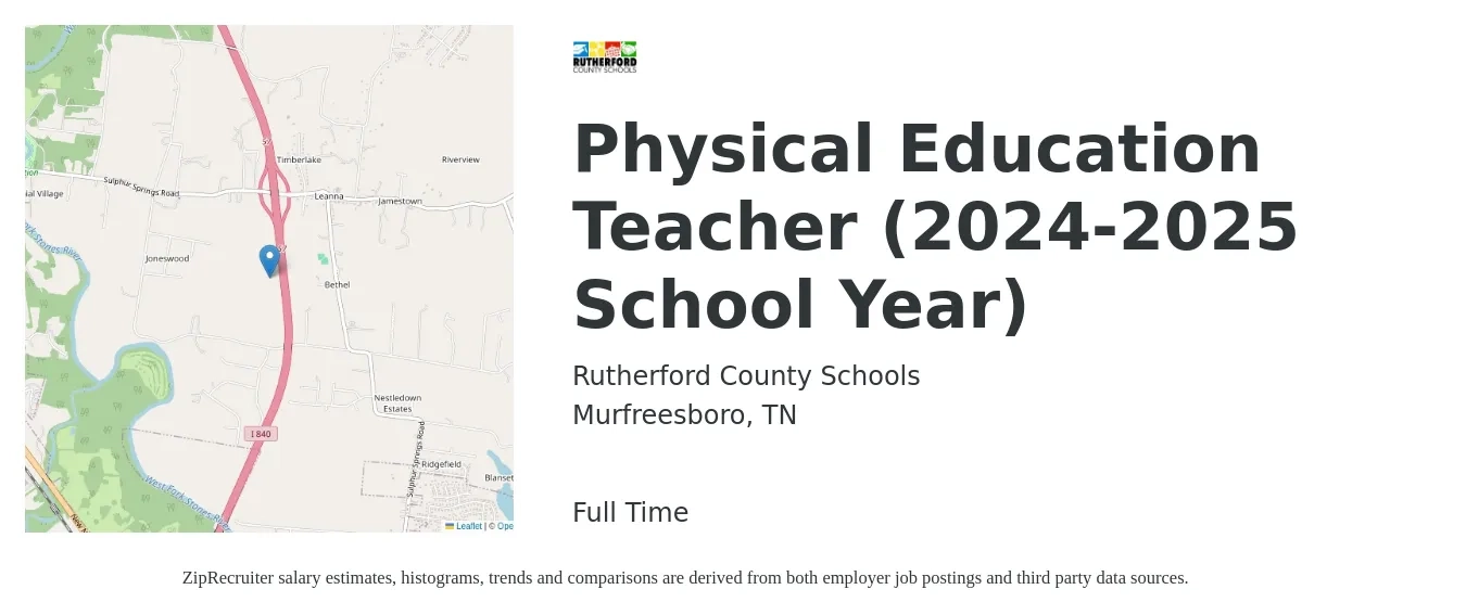 Rutherford County Schools job posting for a Physical Education Teacher (2024-2025 School Year) in Murfreesboro, TN with a salary of $38,700 to $52,500 Yearly with a map of Murfreesboro location.