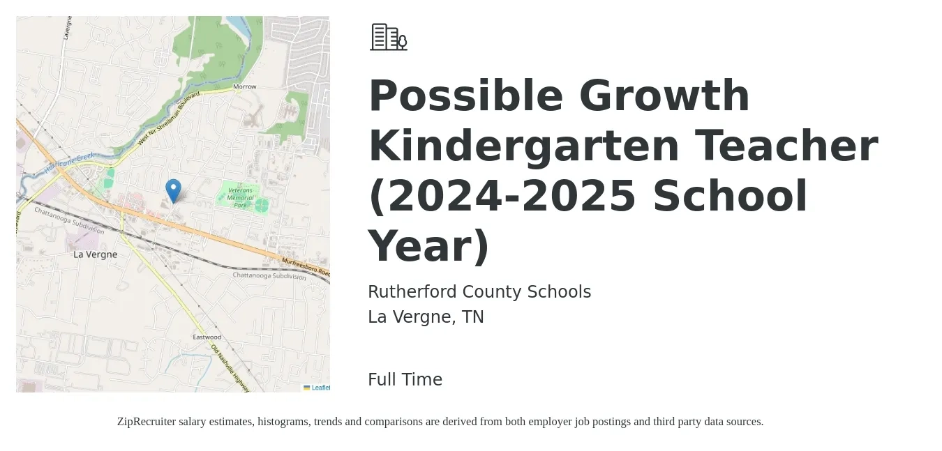 Rutherford County Schools job posting for a Possible Growth Kindergarten Teacher (2024-2025 School Year) in La Vergne, TN with a salary of $32,800 to $50,800 Yearly with a map of La Vergne location.