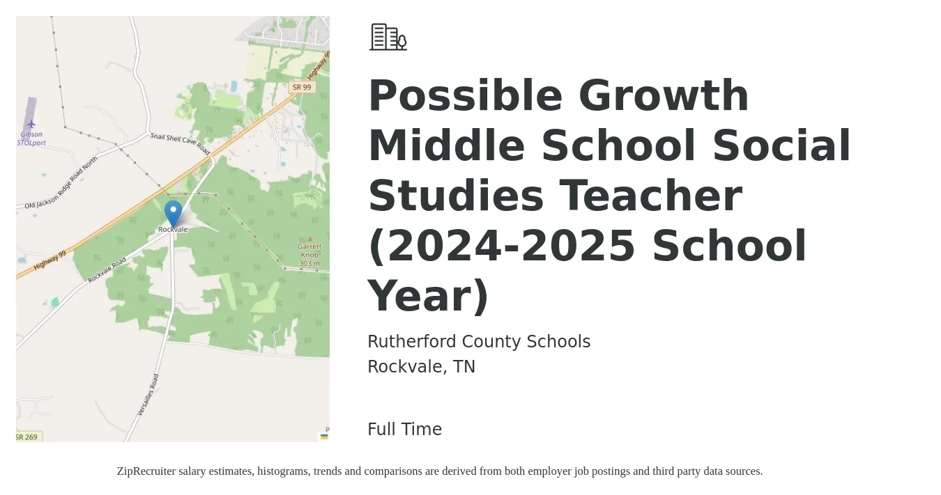 Rutherford County Schools job posting for a Possible Growth Middle School Social Studies Teacher (2024-2025 School Year) in Rockvale, TN with a salary of $43,800 to $58,600 Yearly with a map of Rockvale location.