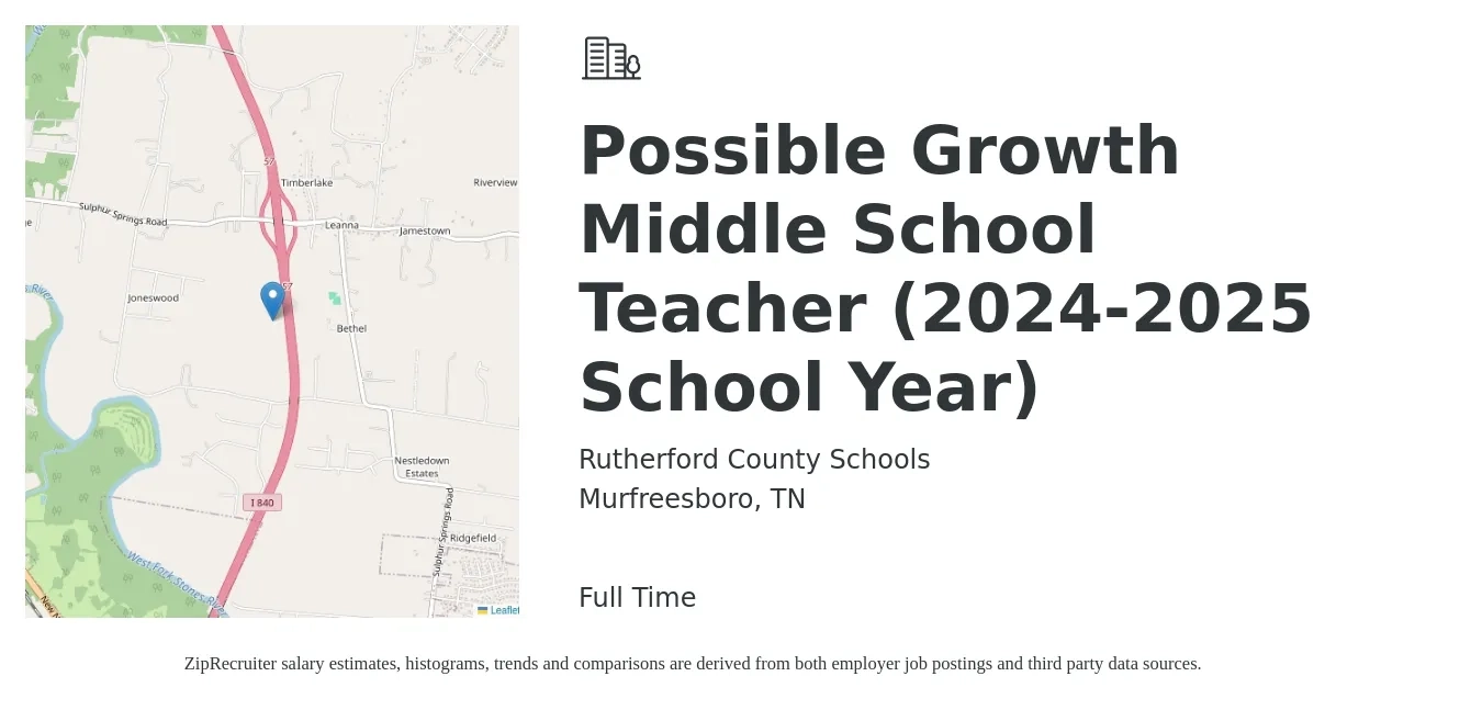 Rutherford County Schools job posting for a Possible Growth Middle School Teacher (2024-2025 School Year) in Murfreesboro, TN with a salary of $39,700 to $54,100 Yearly with a map of Murfreesboro location.