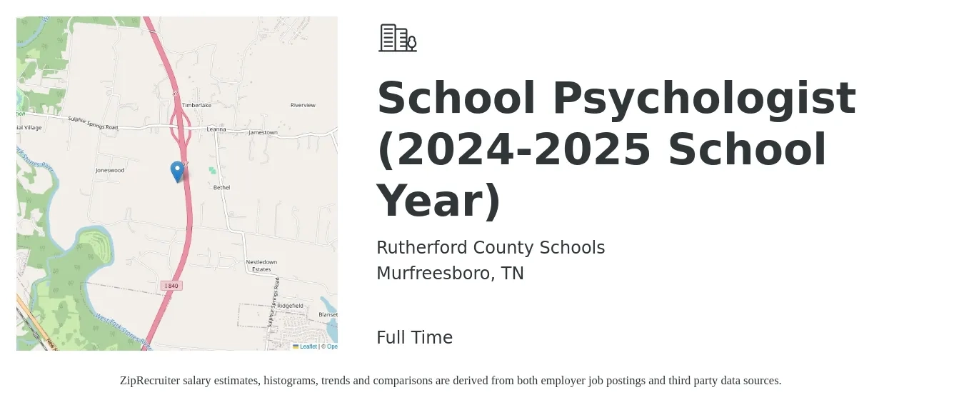 Rutherford County Schools job posting for a School Psychologist (2024-2025 School Year) in Murfreesboro, TN with a salary of $60,400 to $106,200 Yearly with a map of Murfreesboro location.
