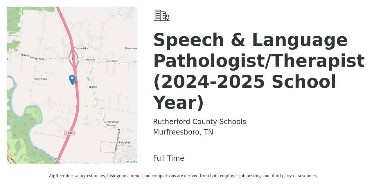 Rutherford County Schools job posting for a Speech & Language Pathologist/Therapist (2024-2025 School Year) in Murfreesboro, TN with a salary of $32 to $46 Hourly with a map of Murfreesboro location.