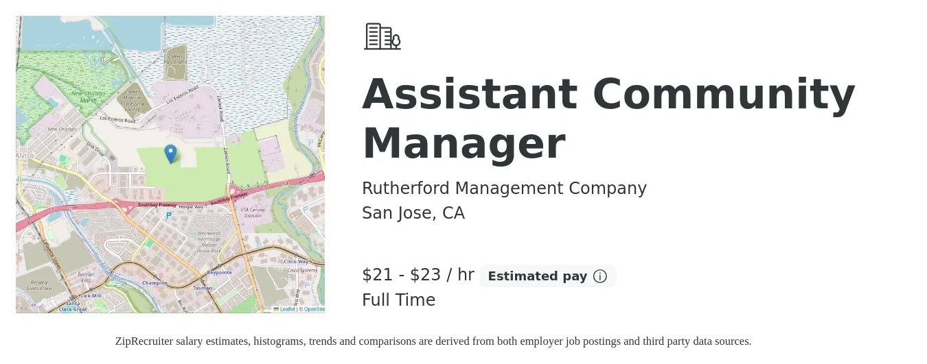 Rutherford Management Company job posting for a Assistant Community Manager in San Jose, CA with a salary of $22 to $24 Hourly with a map of San Jose location.