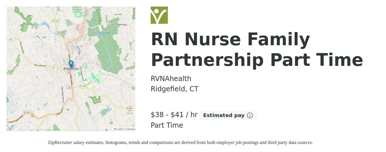 RVNAhealth job posting for a RN Nurse Family Partnership Part Time in Ridgefield, CT with a salary of $40 to $43 Hourly with a map of Ridgefield location.