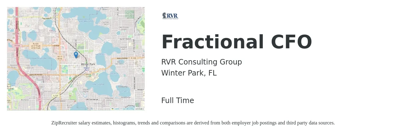 RVR Consulting Group job posting for a Fractional CFO in Winter Park, FL with a salary of $132,900 to $377,100 Yearly with a map of Winter Park location.
