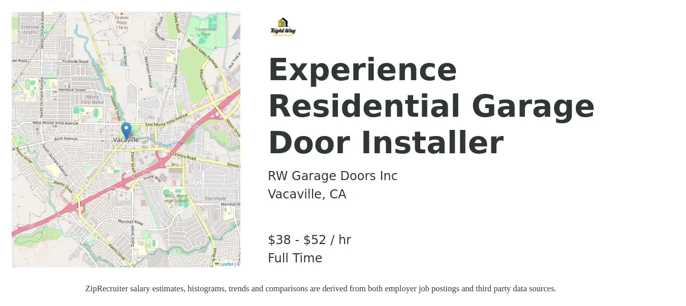 RW Garage Doors Inc job posting for a Experience Residential Garage Door Installer in Vacaville, CA with a salary of $40 to $55 Hourly with a map of Vacaville location.