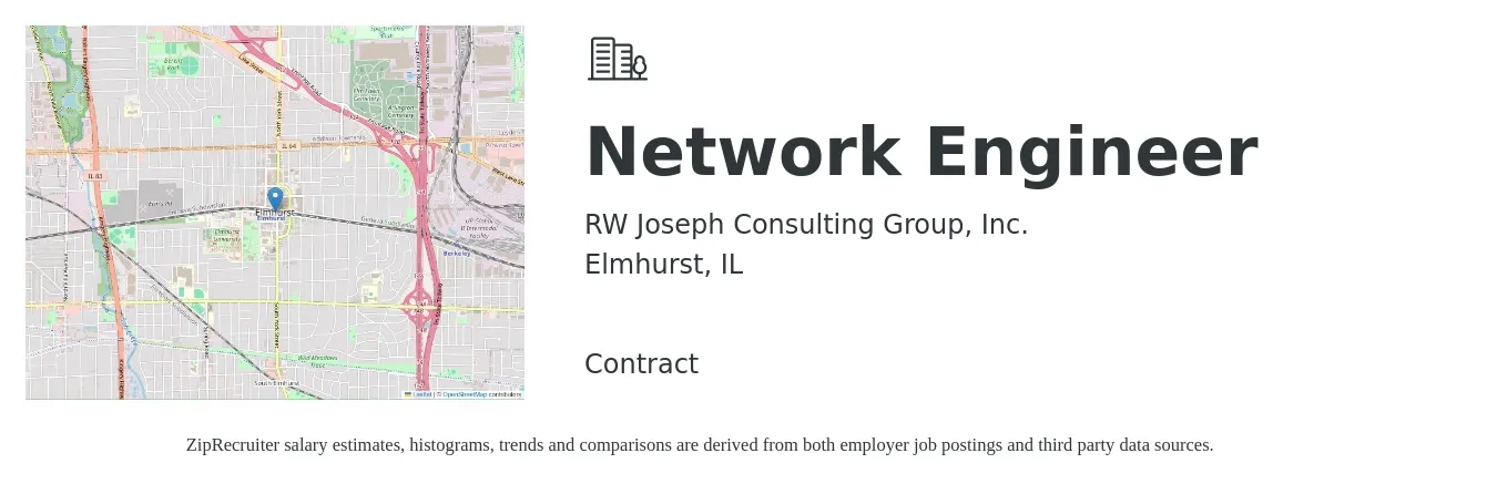 RW Joseph Consulting Group, Inc. job posting for a Network Engineer in Elmhurst, IL with a salary of $88,600 to $133,000 Yearly with a map of Elmhurst location.
