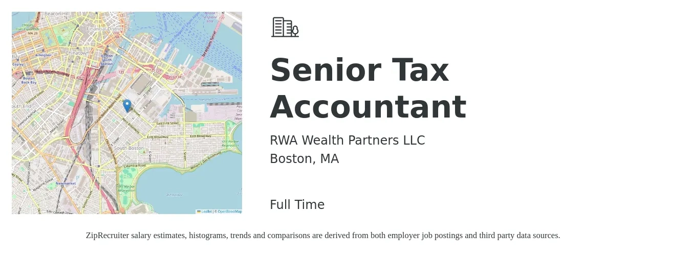 RWA Wealth Partners LLC job posting for a Senior Tax Accountant in Boston, MA with a salary of $89,300 to $114,400 Yearly with a map of Boston location.
