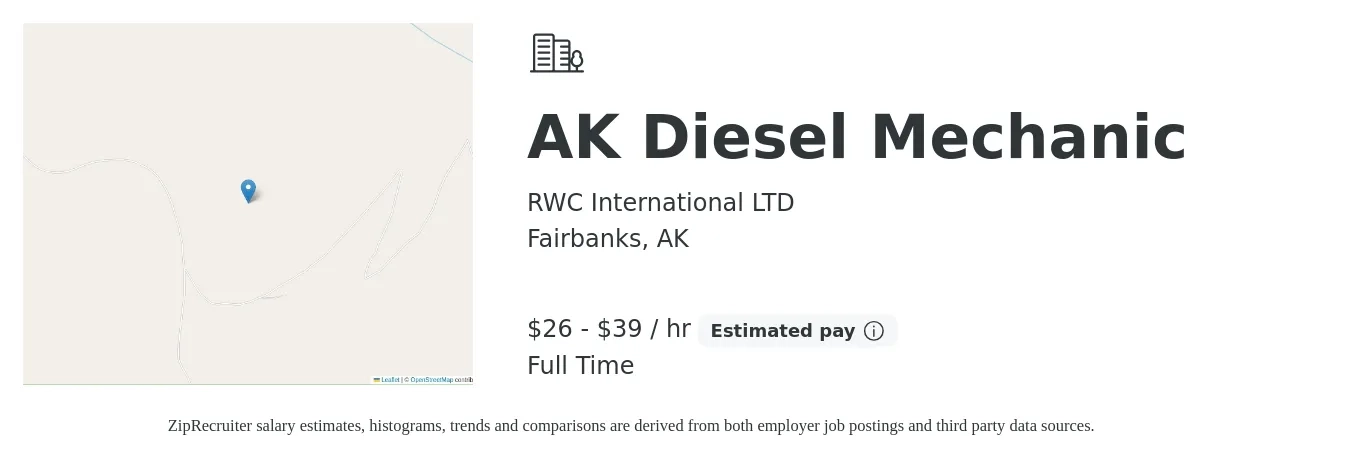RWC International LTD job posting for a AK Diesel Mechanic in Fairbanks, AK with a salary of $28 to $41 Hourly with a map of Fairbanks location.
