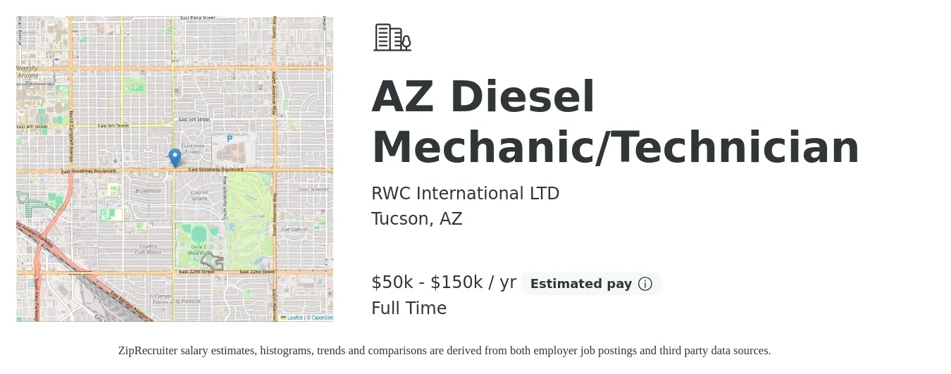 RWC International LTD job posting for a AZ Diesel Mechanic/Technician in Tucson, AZ with a salary of $50,000 to $150,000 Yearly with a map of Tucson location.