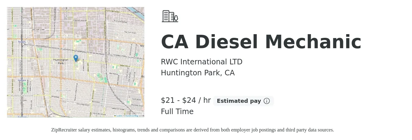RWC International LTD job posting for a CA Diesel Mechanic in Huntington Park, CA with a salary of $22 to $25 Hourly with a map of Huntington Park location.