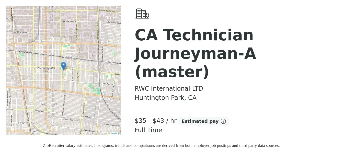 RWC International LTD job posting for a CA Technician Journeyman-A (master) in Huntington Park, CA with a salary of $37 to $45 Hourly with a map of Huntington Park location.