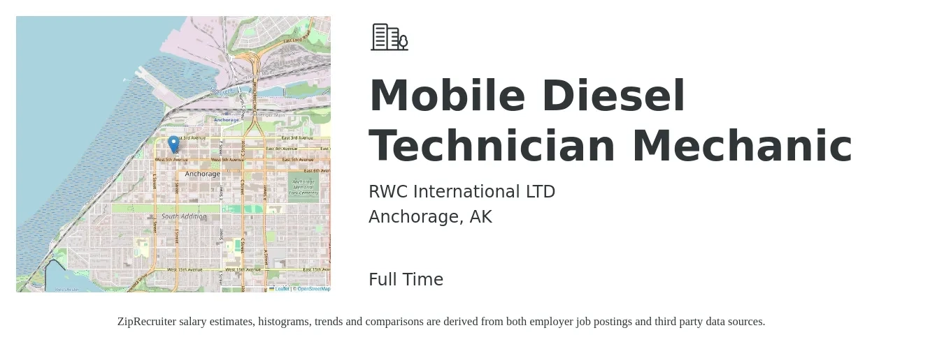RWC International LTD job posting for a Mobile Diesel Technician Mechanic in Anchorage, AK with a salary of $26 to $34 Hourly with a map of Anchorage location.
