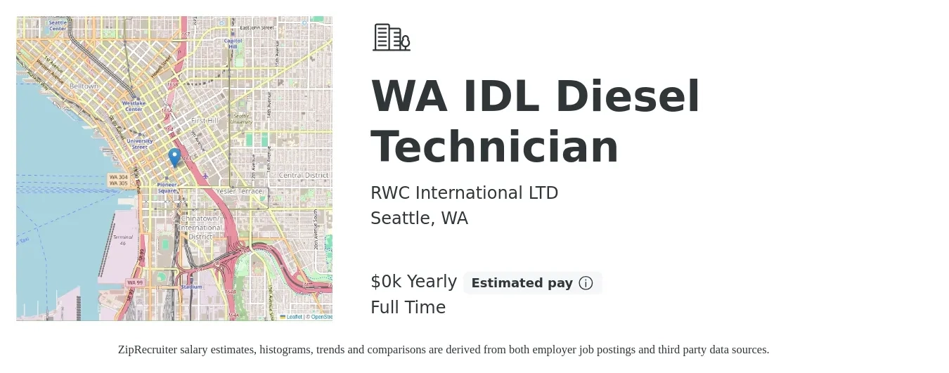 RWC International LTD job posting for a WA IDL Diesel Technician in Seattle, WA with a salary of $25 to $45 Yearly with a map of Seattle location.