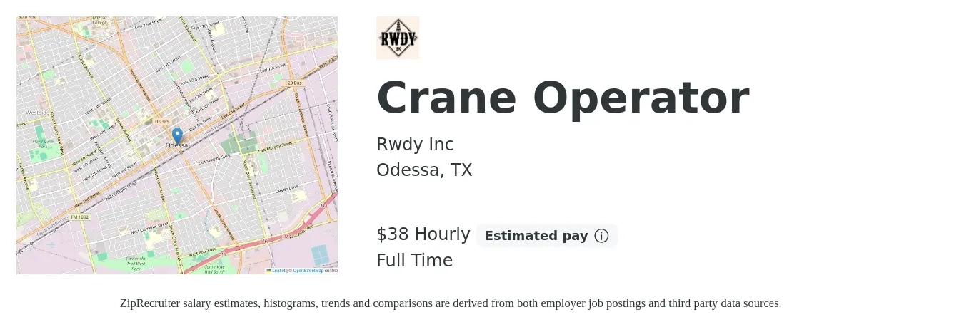 Rwdy Inc job posting for a Crane Operator in Odessa, TX with a salary of $40 Hourly with a map of Odessa location.