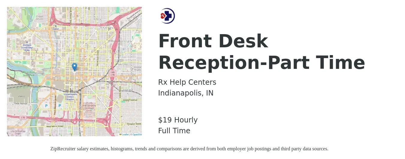 Rx Help Centers job posting for a Front Desk Reception-Part Time in Indianapolis, IN with a salary of $20 Hourly with a map of Indianapolis location.