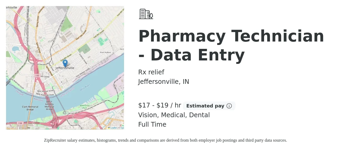 Rx relief job posting for a Pharmacy Technician - Data Entry in Jeffersonville, IN with a salary of $18 to $20 Hourly and benefits including dental, medical, and vision with a map of Jeffersonville location.