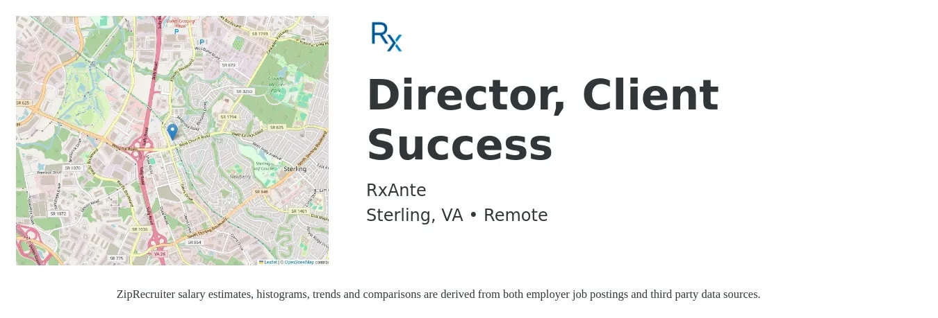 RxAnte job posting for a Director, Client Success in Sterling, VA with a salary of $94,600 to $144,100 Yearly with a map of Sterling location.