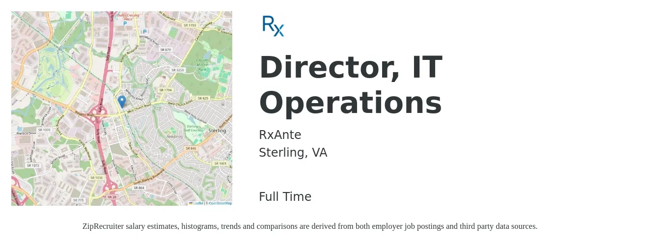 RxAnte job posting for a Director, IT Operations in Sterling, VA with a salary of $118,600 to $172,700 Yearly with a map of Sterling location.
